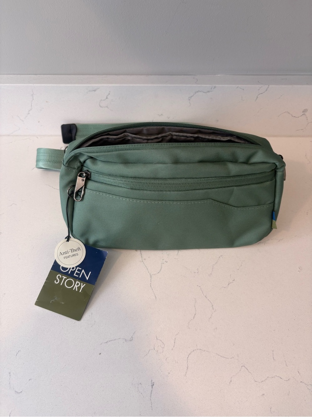 Woman’s Open Story Sage Green Waist Bag with Anti-Theft Features